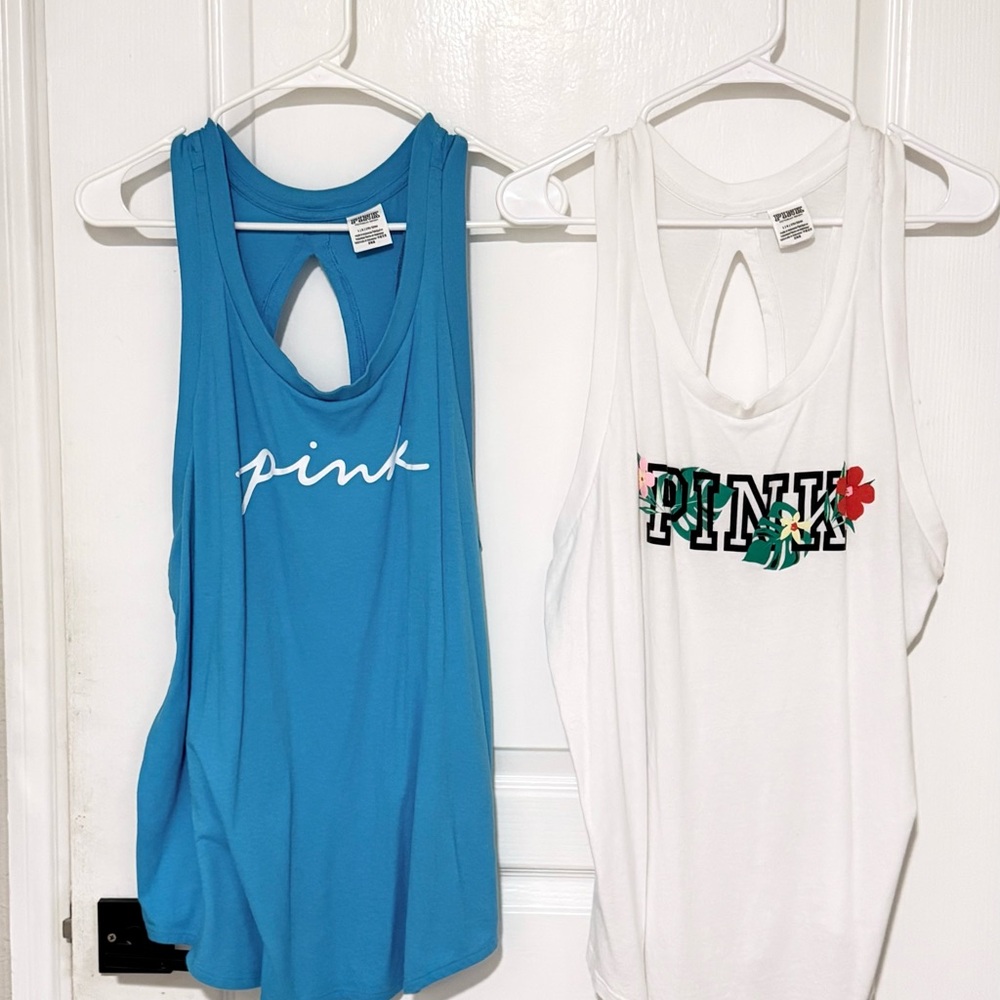 PINK Victoria's Secret Blue and White Tank Tops